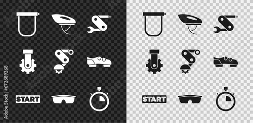 Set Bicycle lock, helmet, Swiss army knife, Ribbon in finishing line, Sport cycling sunglasses, Stopwatch, Derailleur bicycle rear and icon. Vector