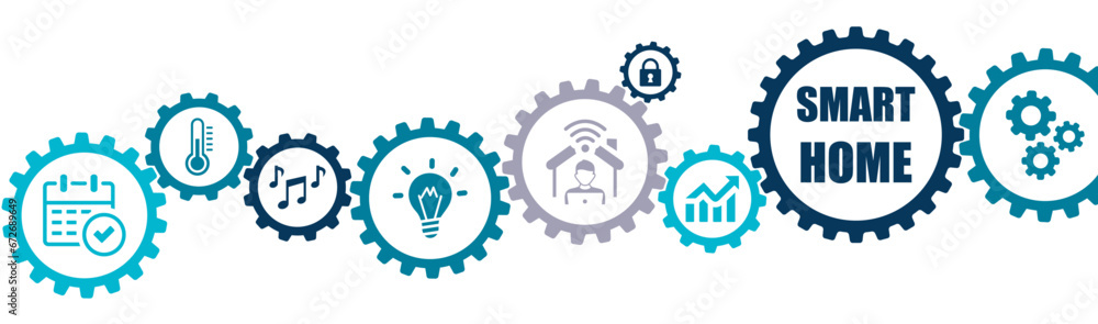 Smart home banner vector illustration with the icons of functionalities, innovation, temperature, calendar, light bulb, house, chart, music, lock, computer, innovation, artificial on white background Smart home banner vector illustration with the icons of functionalities, innovation, temperature, calendar, light bulb, house, chart, music, lock, computer, innovation, artificial on white background