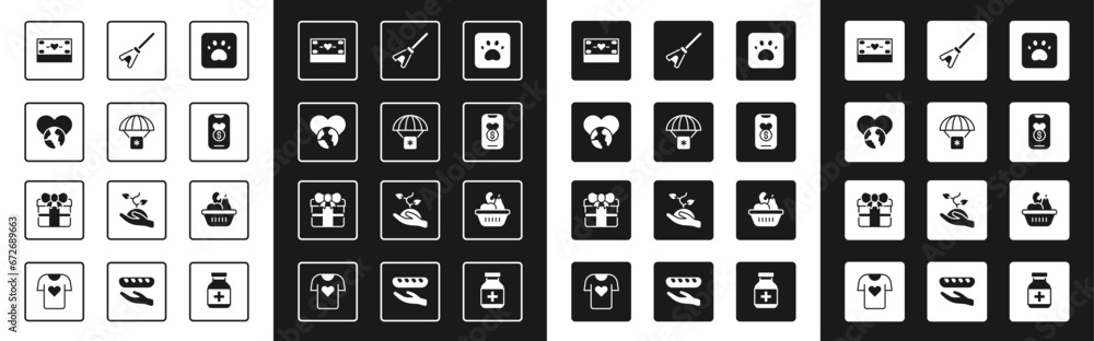 Set Paw print, Humanitarian aid, The heart world - love, Donation and charity, Mop, food box and Gift icon. Vector Set Paw print, Humanitarian aid, The heart world - love, Donation and charity, Mop, food box and Gift icon. Vector