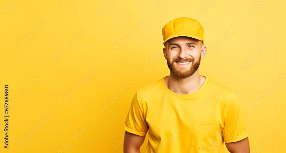 Hombre joven en uniforme amarillo con gorra amarilla y fondo amarillo sonriendo