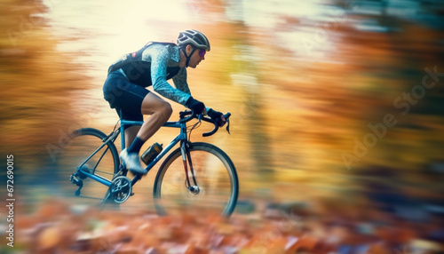 A determined male athlete races through the forest on his bicycle generative AI