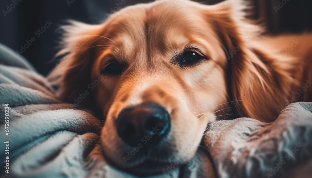 A cute, pampered puppy lies down for relaxation indoors generative AI