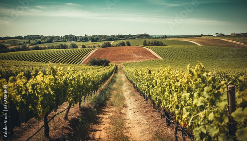 Sun kissed vineyards yield fresh grapes for Chianti winemaking industry generative AI