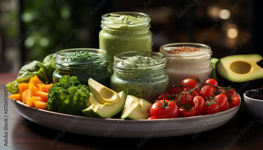 Freshness and healthy eating on a wooden table, a vegetarian meal generated by AI Freshness and healthy eating on a wooden table, a vegetarian meal generated by AI