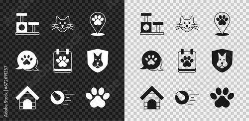 Set Cat scratching post with toy, Location veterinary hospital, Dog house, Pet toys ball, Paw print, and Calendar grooming icon. Vector