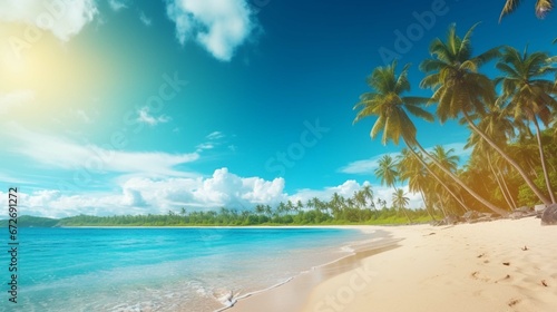 Beach background. Beautiful beach landscape. Tropical nature scene. Palm trees and blue sky © Jasmeen