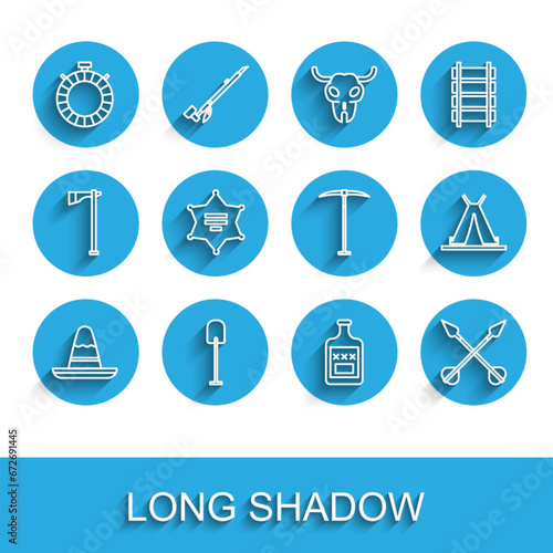 Set line Mexican sombrero hat, Shovel, Canteen water bottle, Whiskey, Crossed arrows, Hexagram sheriff, Indian teepee or wigwam and Pickaxe icon. Vector