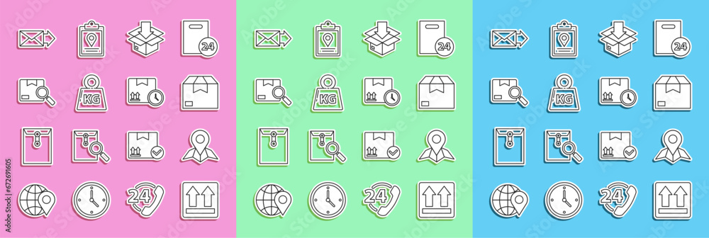 Set line This side up, Placeholder on map paper, Carton cardboard box, Cardboard with traffic symbol, Weight, Search package, Envelope and and fast time icon. Vector