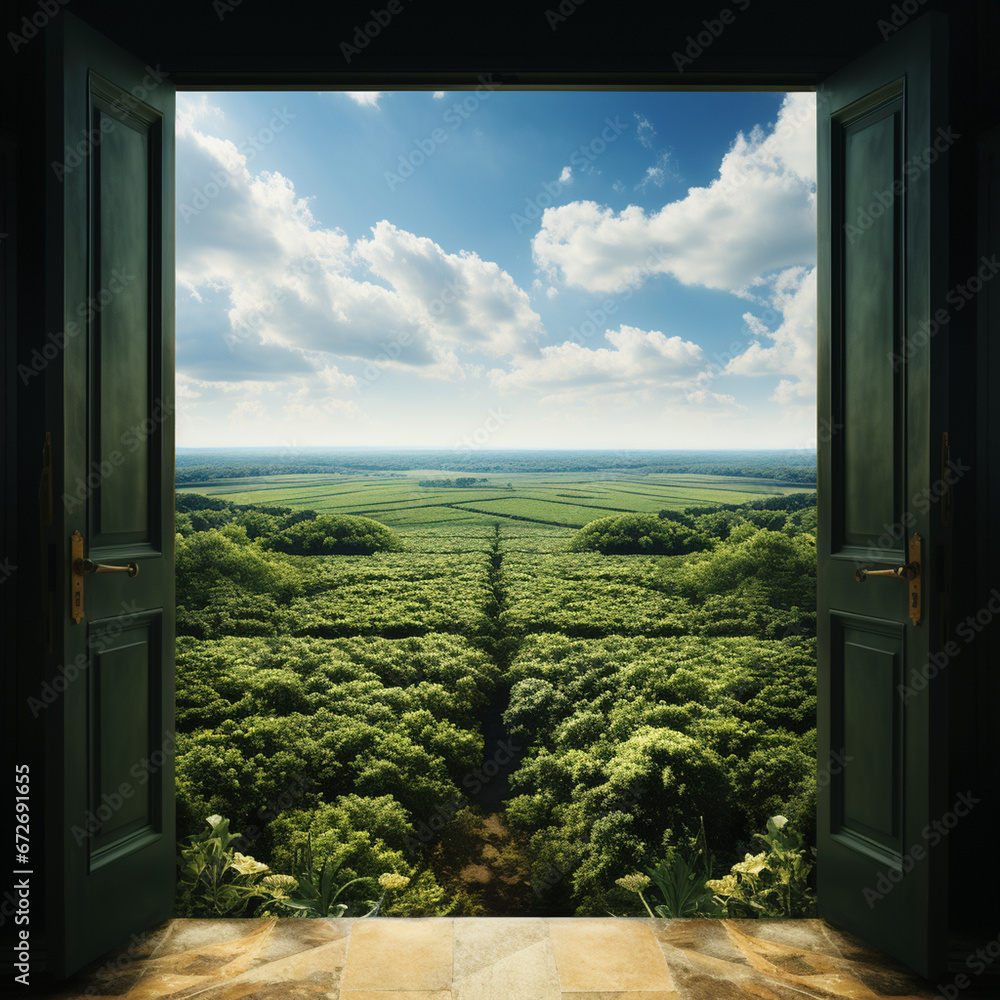 Open house door stands in a green landscape. Open house door stands in a green landscape.