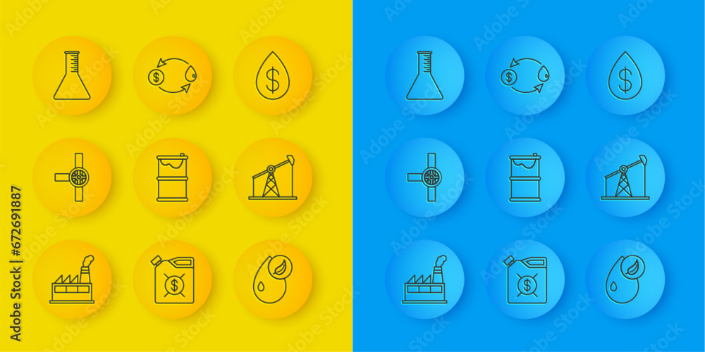 Set line Oil industrial factory building, Industry pipes and valve, Barrel oil leak, Bio fuel, pump pump jack, petrol test tube, drop with dollar and exchange icon. Vector Set line Oil industrial factory building, Industry pipes and valve, Barrel oil leak, Bio fuel, pump pump jack, petrol test tube, drop with dollar and exchange icon. Vector