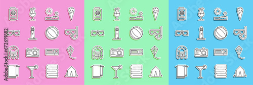 Set line Tourist tent, Kite, Diving mask and snorkel, Beach with umbrella chair, Lighthouse, Glasses, Passport ticket and ball icon. Vector