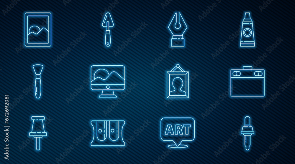 Set line Pipette, Graphic tablet, Fountain pen nib, Computer monitor screen, Paint brush, Picture and Palette knife icon. Vector