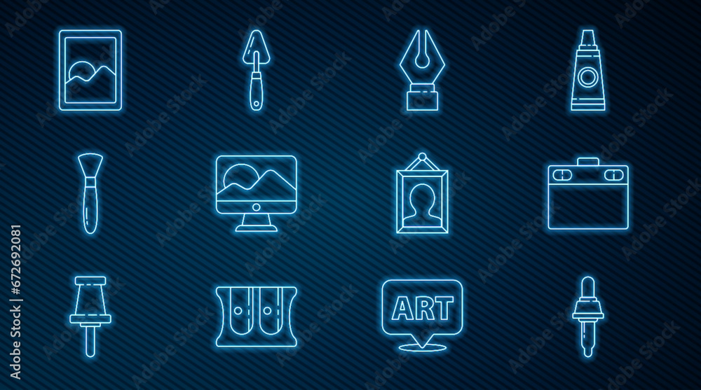Set line Pipette, Graphic tablet, Fountain pen nib, Computer monitor screen, Paint brush, Picture and Palette knife icon. Vector Set line Pipette, Graphic tablet, Fountain pen nib, Computer monitor screen, Paint brush, Picture and Palette knife icon. Vector