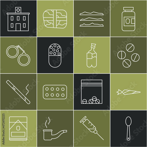 Set line Heroin in a spoon, Marijuana joint, Medicine pill or tablet, Cocaine heroin drug, Handcuffs, Medical hospital building and Bong for smoking marijuana icon. Vector