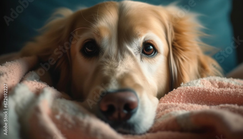 A cute, playful puppy lying down, looking tired but cheerful generative AI