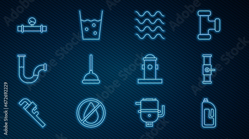 Set line Container with drain cleaner, Industry pipe and valve, Wave, Rubber plunger, metallic, manometer, Fire hydrant and Glass water icon. Vector