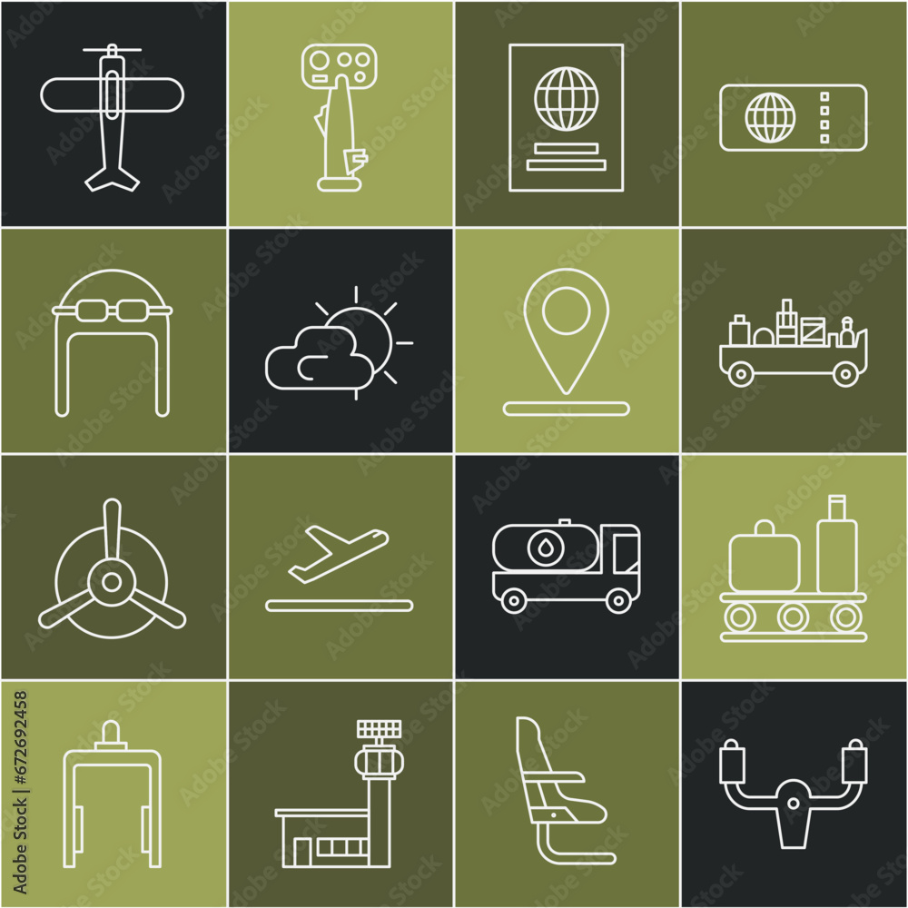 Set line Aircraft steering helm, Airport conveyor belt with suitcase, luggage towing truck, Passport, Sun and cloud weather, Aviator hat goggles, Plane and Location icon. Vector Set line Aircraft steering helm, Airport conveyor belt with suitcase, luggage towing truck, Passport, Sun and cloud weather, Aviator hat goggles, Plane and Location icon. Vector