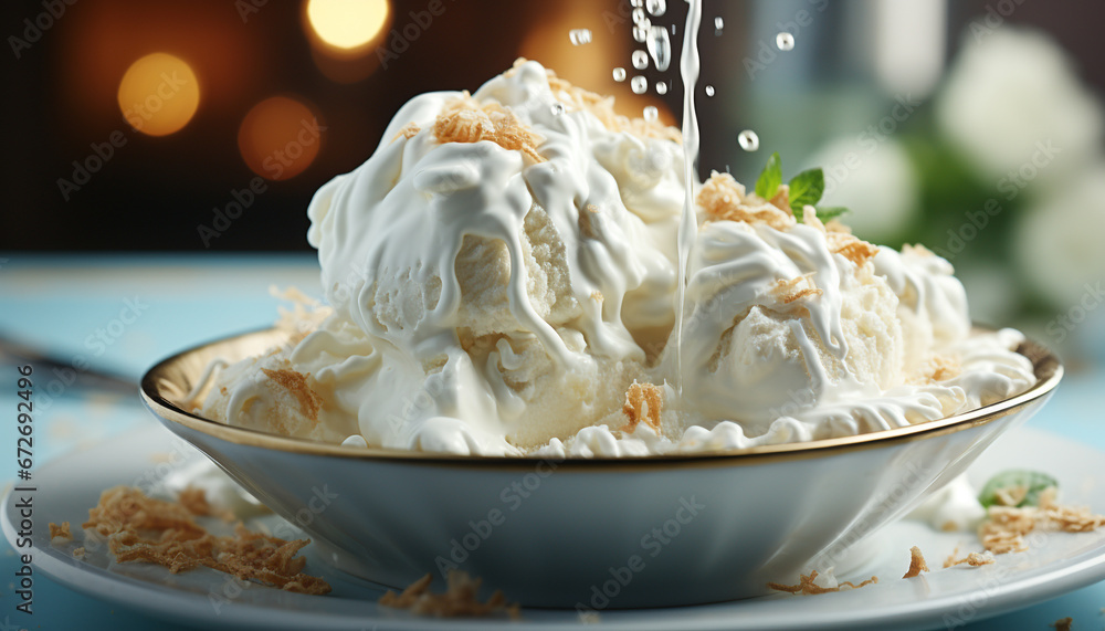 Freshness and nature in a bowl of healthy homemade dessert generated by AI Freshness and nature in a bowl of healthy homemade dessert generated by AI