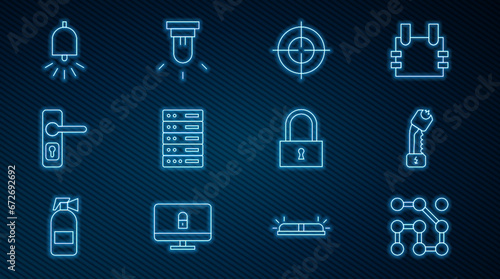 Set line Graphic password protection, Police electric shocker, Target sport, Server, Data, Web Hosting, Door handle, Ringing alarm bell, Lock and Motion sensor icon. Vector