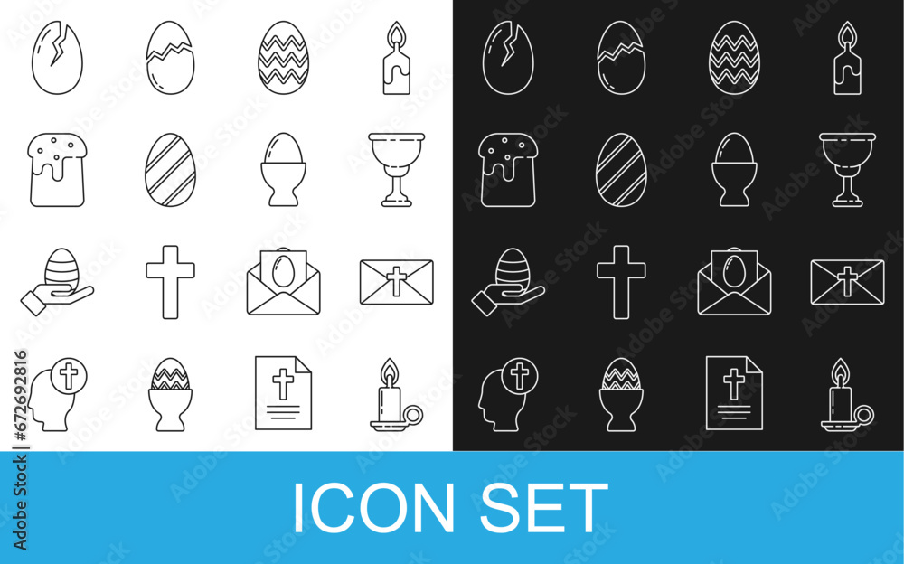 Set line Burning candle in candlestick, Greeting card with Happy Easter, Christian chalice, egg, cake, Broken and on stand icon. Vector