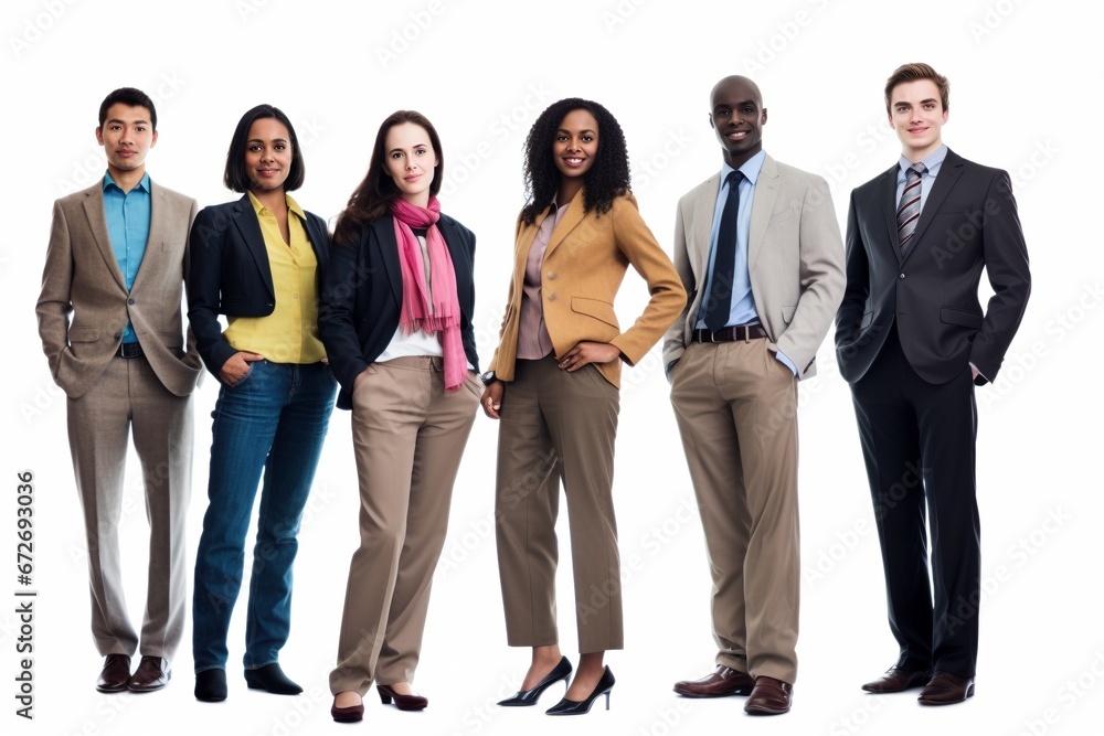 Bridging Generations: A Multicultural Business Team, Dressed for Success, Comes Together on a White Background, Emphasizing the Power of Diversity in Age and Culture