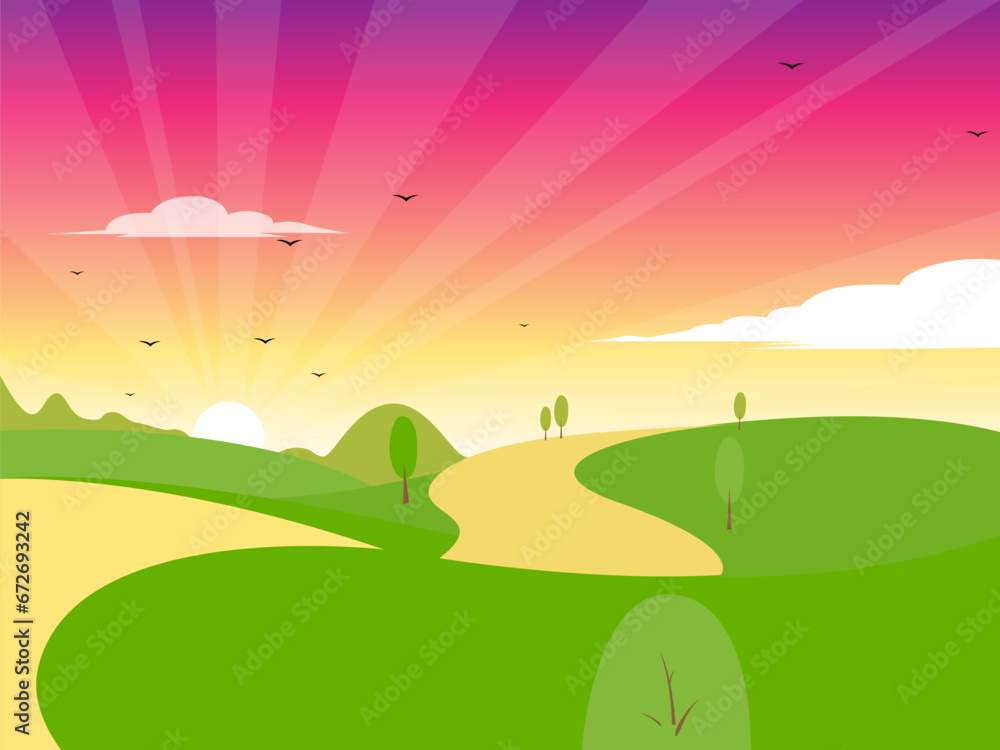 the beautiful sunrise landscape on green hill vector