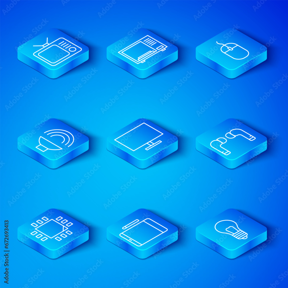 Set line Processor with microcircuits CPU, Computer monitor screen, Graphic tablet, Air headphones, mouse, Speaker volume, Retro tv and Light bulb concept of idea icon. Vector Set line Processor with microcircuits CPU, Computer monitor screen, Graphic tablet, Air headphones, mouse, Speaker volume, Retro tv and Light bulb concept of idea icon. Vector