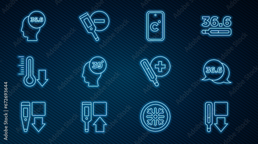 Set line Medical thermometer, Celsius, High human body temperature, Meteorology, and Digital icon. Vector