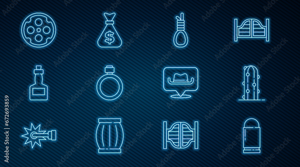 Set line Bullet, Cactus, Gallows rope loop hanging, Canteen water bottle, Tabasco sauce, Revolver cylinder, Location cowboy and Money bag icon. Vector Set line Bullet, Cactus, Gallows rope loop hanging, Canteen water bottle, Tabasco sauce, Revolver cylinder, Location cowboy and Money bag icon. Vector