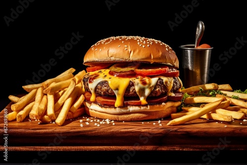 savory fiery cheesy burger, fries, beverage. Generative AI photo
