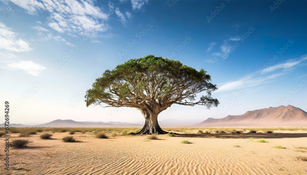 Minimalism. A lone giant tree in a vast, empty desert landscape. - obrazy, fototapety, plakaty 