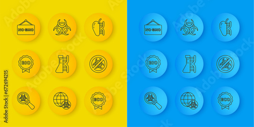 Set line Biohazard and magnifying glass, Label for bio healthy food, DNA research, search, eco, Stop GMO, No, Genetically modified apple and symbol icon. Vector
