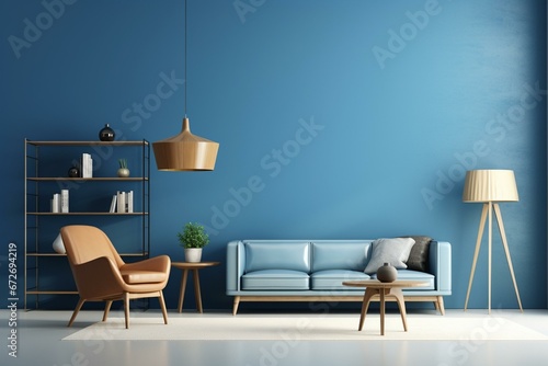 Contemporary living room with armchair and coffee tables against a blue wall, in a 3D rendering of home design. Generative AI