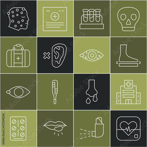 Set line Heart rate, Medical hospital building, Flat foot, Test tube with blood, Deaf, First aid kit, Psoriasis or eczema rash and Reddish eye icon. Vector