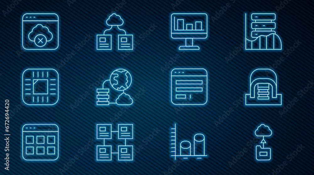 Set line Cloud technology data transfer, Hangar with servers, Monitor graph chart, Network cloud connection, Processor CPU, Failed access storage, Browser window and icon. Vector