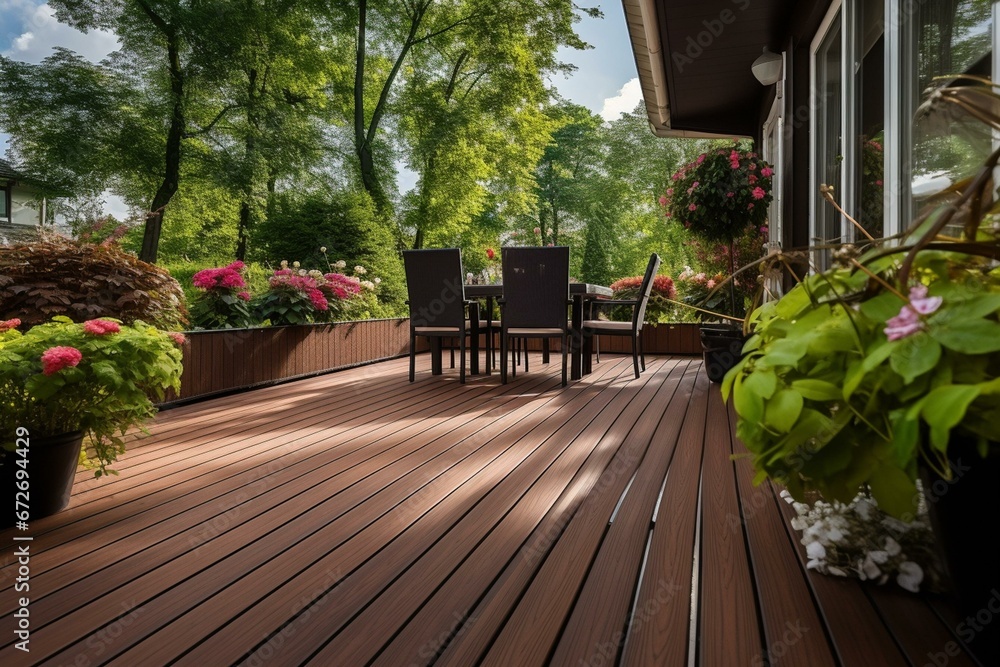 A beautiful outdoor patio with stylish wooden composite deck boards. Generative AI