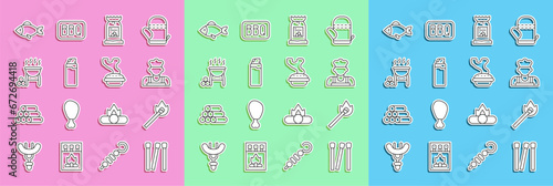 Set line Matches, Burning match with fire, Cook, Barbecue coal bag, Lighter, grill, Fish and Homemade pie icon. Vector