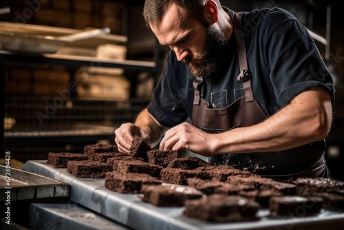 The hands of a master make a delicious chocolate dessert in a kitchen workshop.