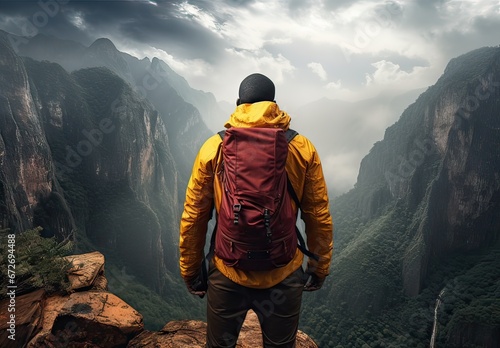 black man with yellow windbreaker and red backpack observing the valley on a cloudy day, hiking day
