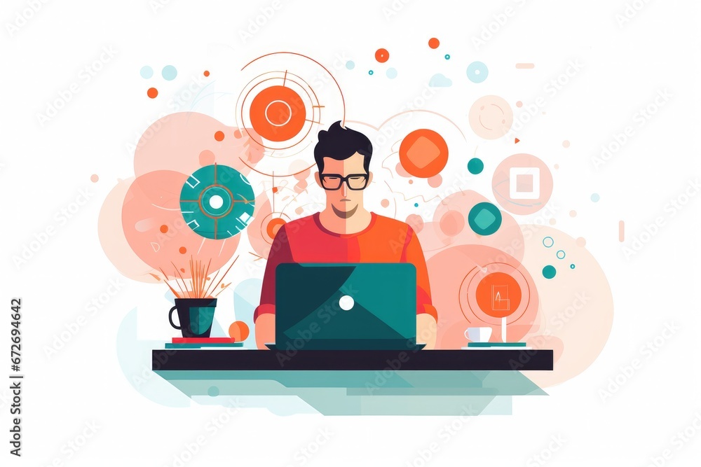 Illustration of man working on a laptop in flat design. Illustration of man working on a laptop in flat design.