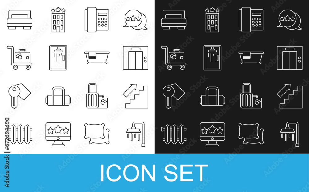 Set line Shower, Stairs up, Lift, Telephone handset, cabin, Suitcase, Hotel room bed and Bathtub icon. Vector