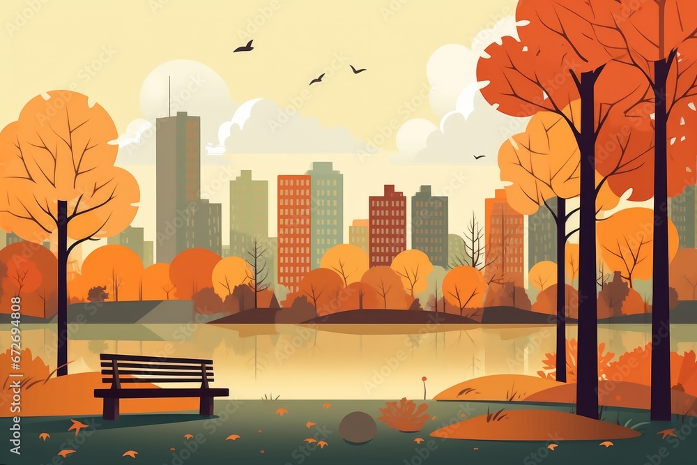 Illustration of peaceful city park during autumn. Pond and city buildings in the backdrop of park bench.
