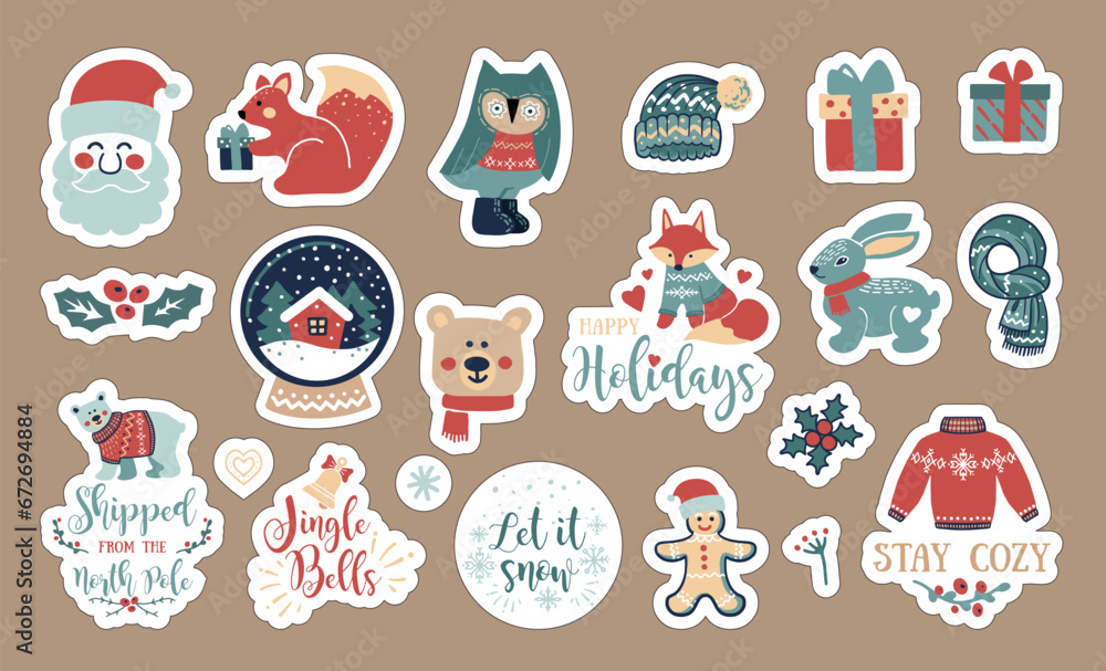 Christmas stickers with forest animals, decorative elements and lettering in scandinavian hand drawn style Christmas stickers with forest animals, decorative elements and lettering in scandinavian hand drawn style