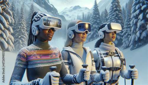 Tres jóvenes con equipo de esquí, ropa de abrigo y gafas de realidad virtual en un paisaje montañoso con árboles
