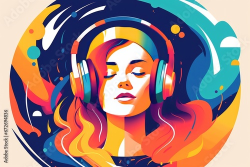 Woman listening to music via headphones and enjoying music. Illustration in flat design.