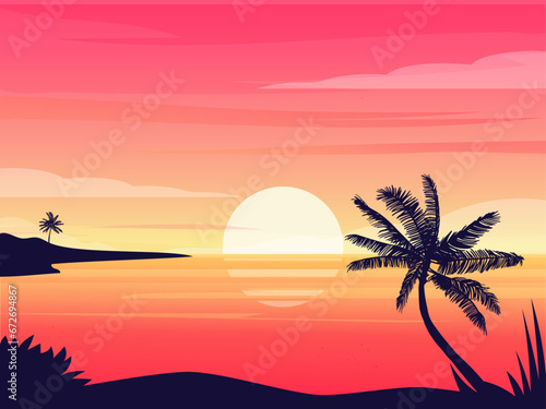 beautiful sunrise on the beach sea view with palm tree and hill vector