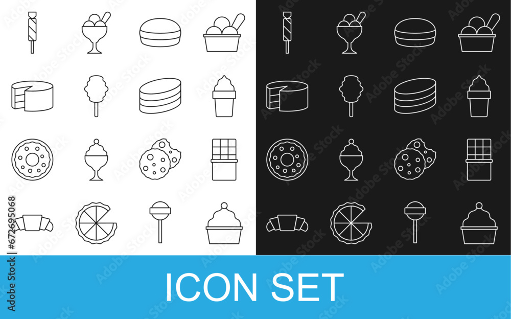 Set line Cake, Chocolate bar, Ice cream in waffle cone, Macaron cookie, Cotton candy, Candy and Brownie chocolate cake icon. Vector