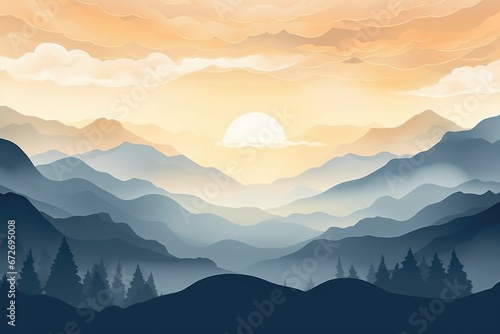 Illustration of sunrise over a misty mountain valley. © VisualWeave