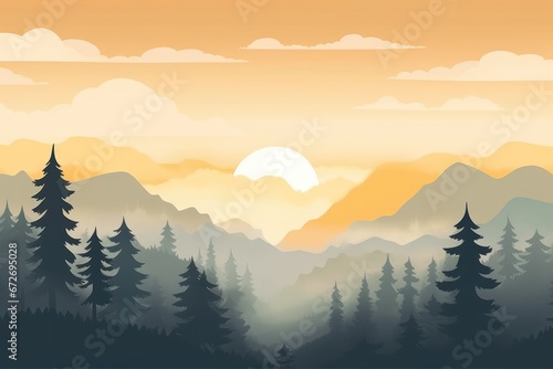 Illustration of sunrise over a misty mountain valley.