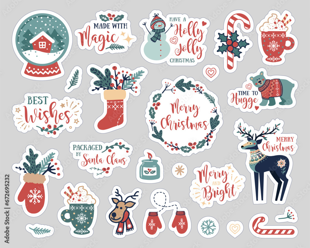 Christmas stickers with forest animals, decorative elements and lettering in scandinavian hand drawn style